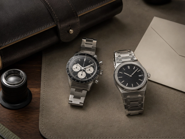 Technical chronograph-style watch and classic sports watch compared on a collector desk