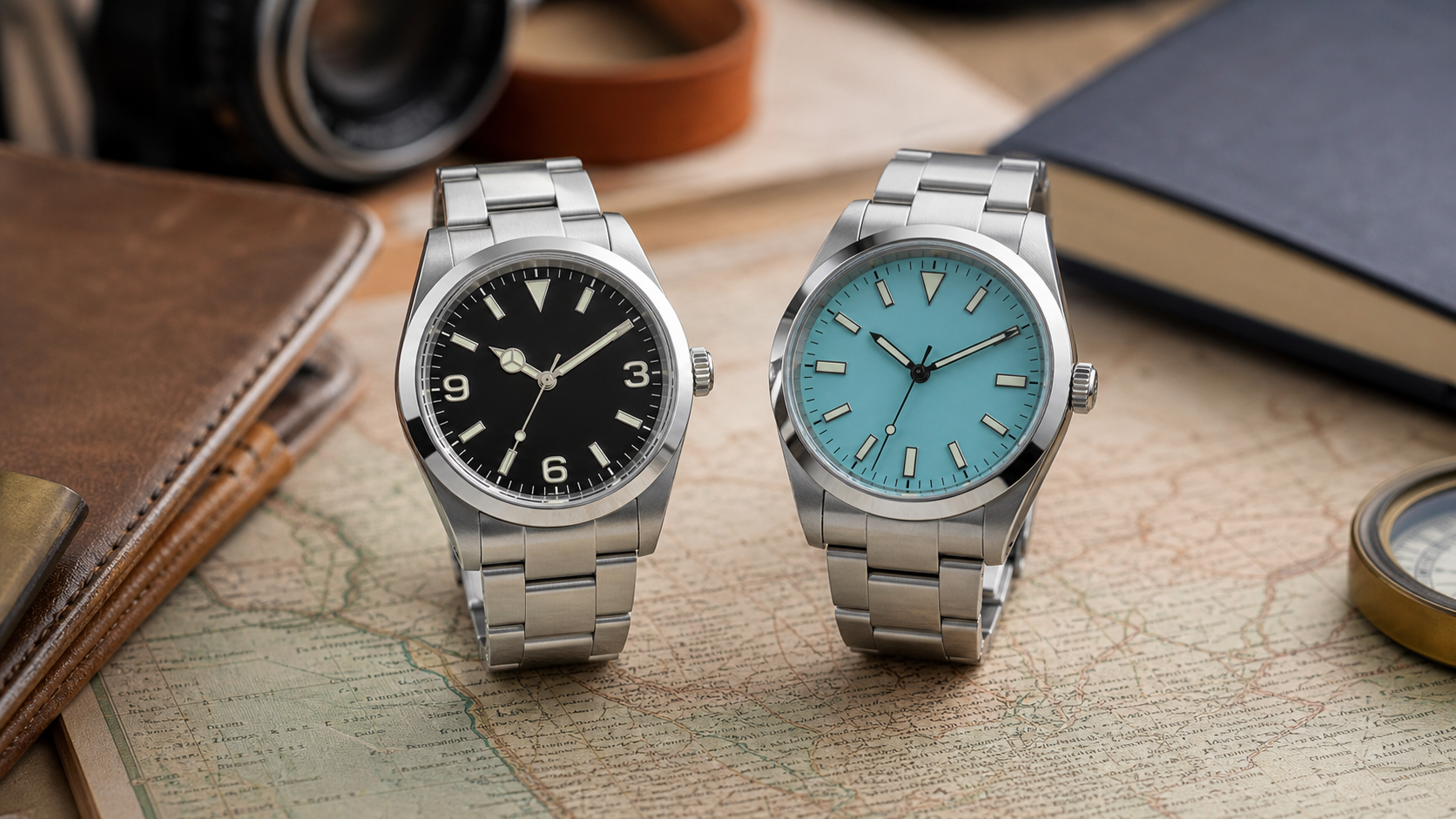 Expedition-style and minimalist steel everyday watches on a travel desk