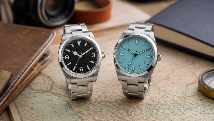 Expedition-style and minimalist steel everyday watches on a travel desk