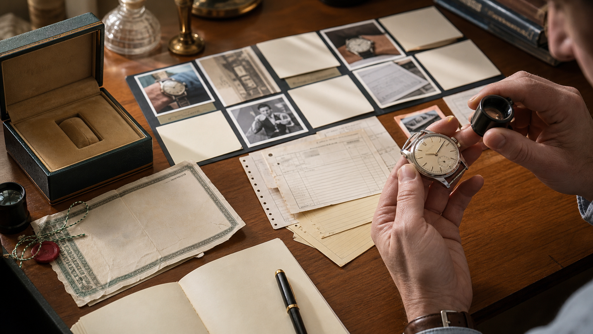 A luxury watch beside its original box, dated papers, service invoices and a provenance timeline being checked by a collector