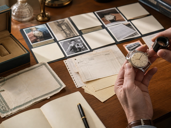 A luxury watch beside its original box, dated papers, service invoices and a provenance timeline being checked by a collector