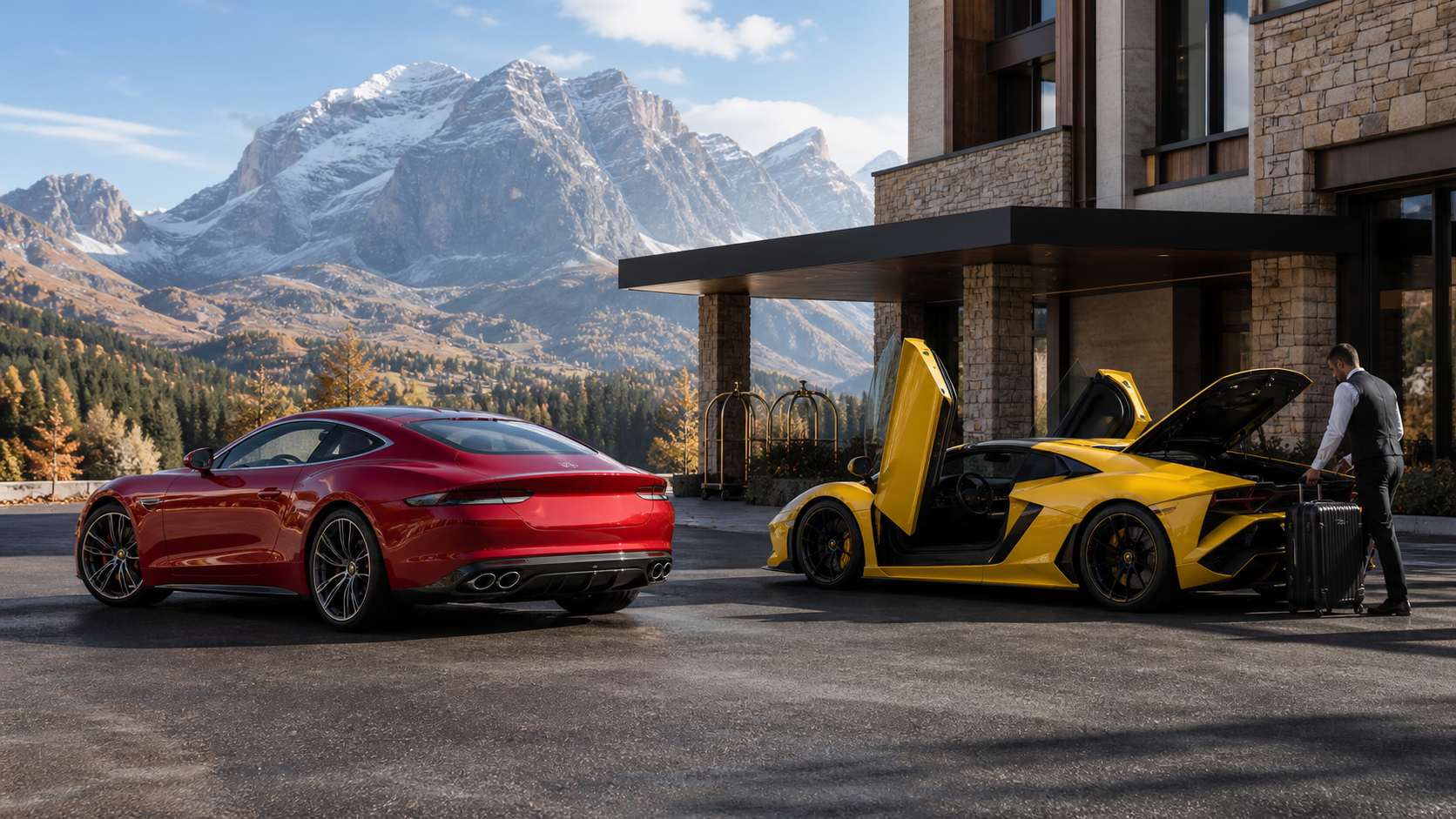 Two contrasting Italian supercars being evaluated with luggage outside a mountain hotel