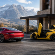 Two contrasting Italian supercars being evaluated with luggage outside a mountain hotel