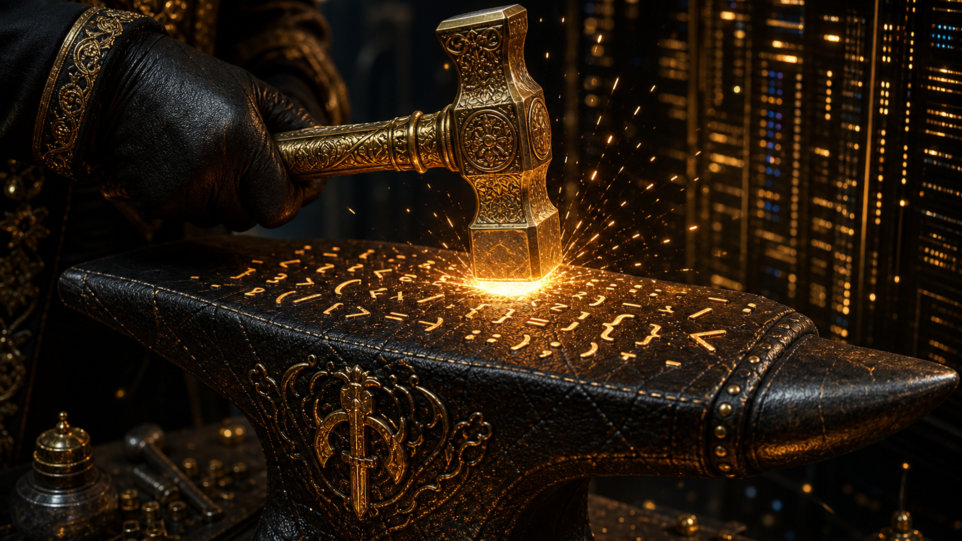 Digital forge — golden hammer striking glowing code on leather-textured anvil