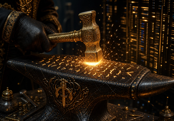 Digital forge — golden hammer striking glowing code on leather-textured anvil