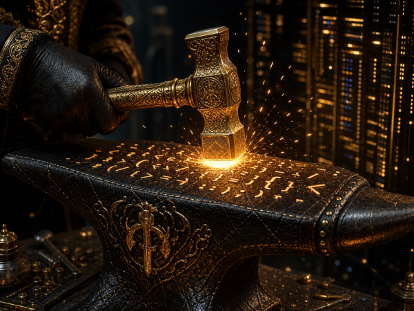 Digital forge — golden hammer striking glowing code on leather-textured anvil