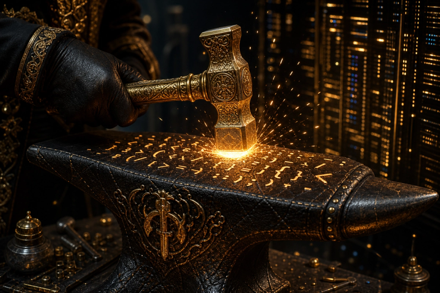 Digital forge — golden hammer striking glowing code on leather-textured anvil