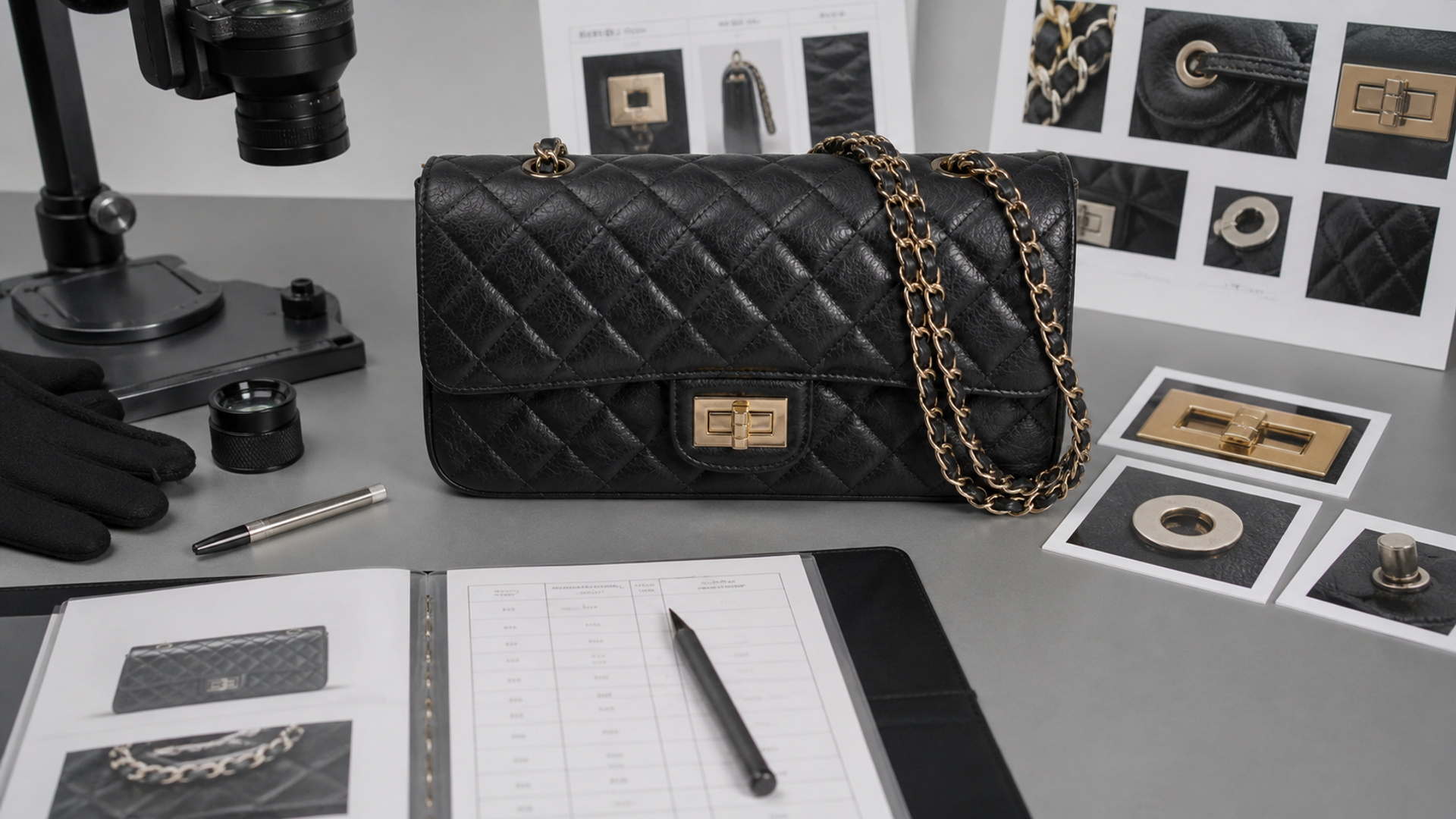 A quilted luxury handbag undergoing era-specific construction and provenance checks