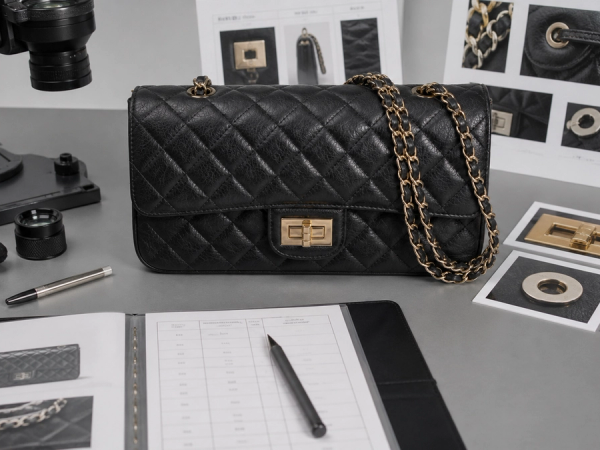 A quilted luxury handbag undergoing era-specific construction and provenance checks