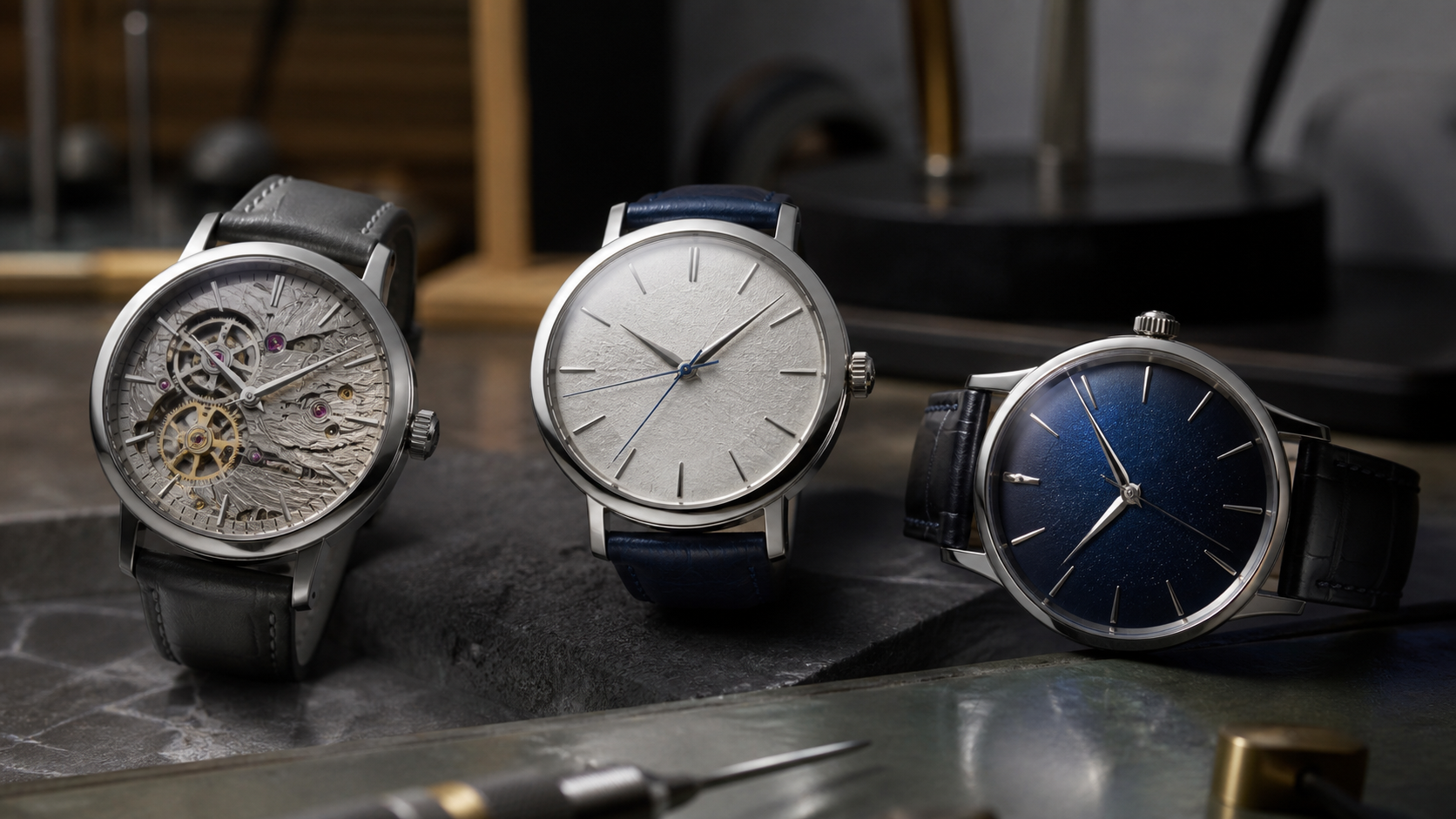 Three Japanese high-end watches showing distinct movements, case finishes and dial crafts