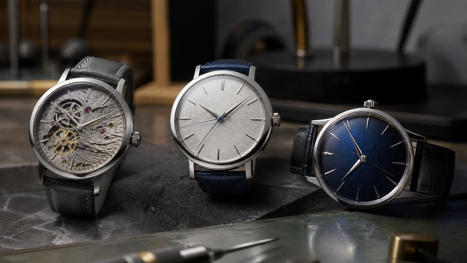 Three Japanese high-end watches showing distinct movements, case finishes and dial crafts