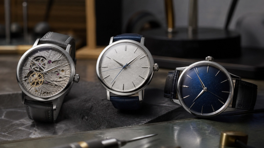 Three Japanese high-end watches showing distinct movements, case finishes and dial crafts