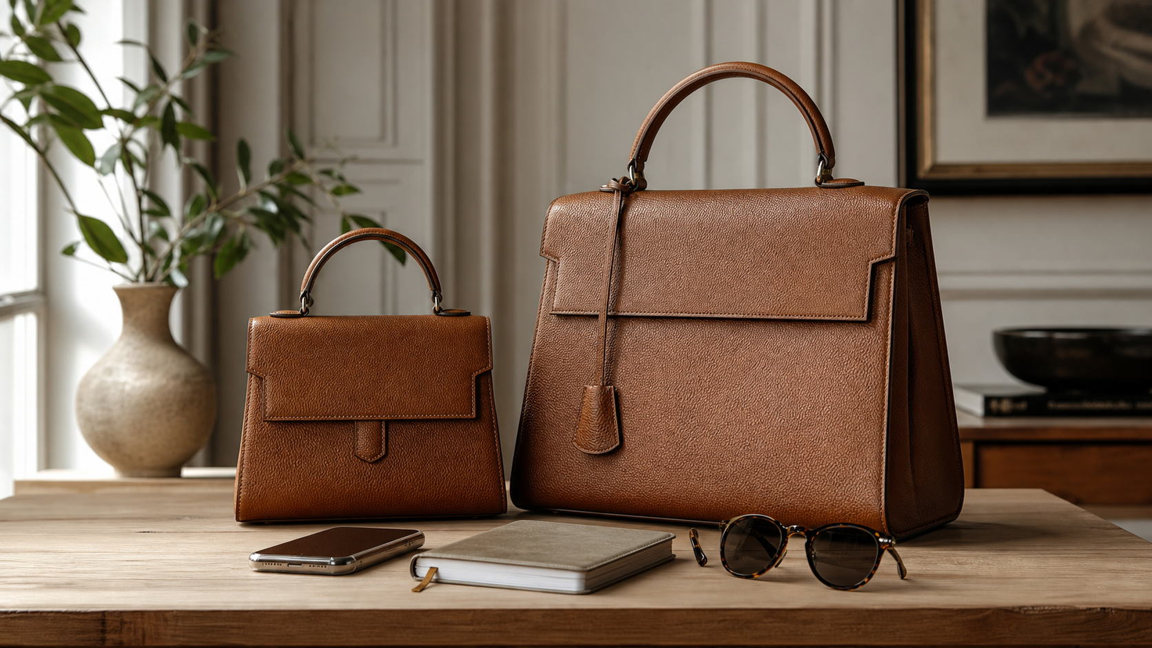Two unbranded top-handle leather bag silhouettes in different sizes beside objects for scale