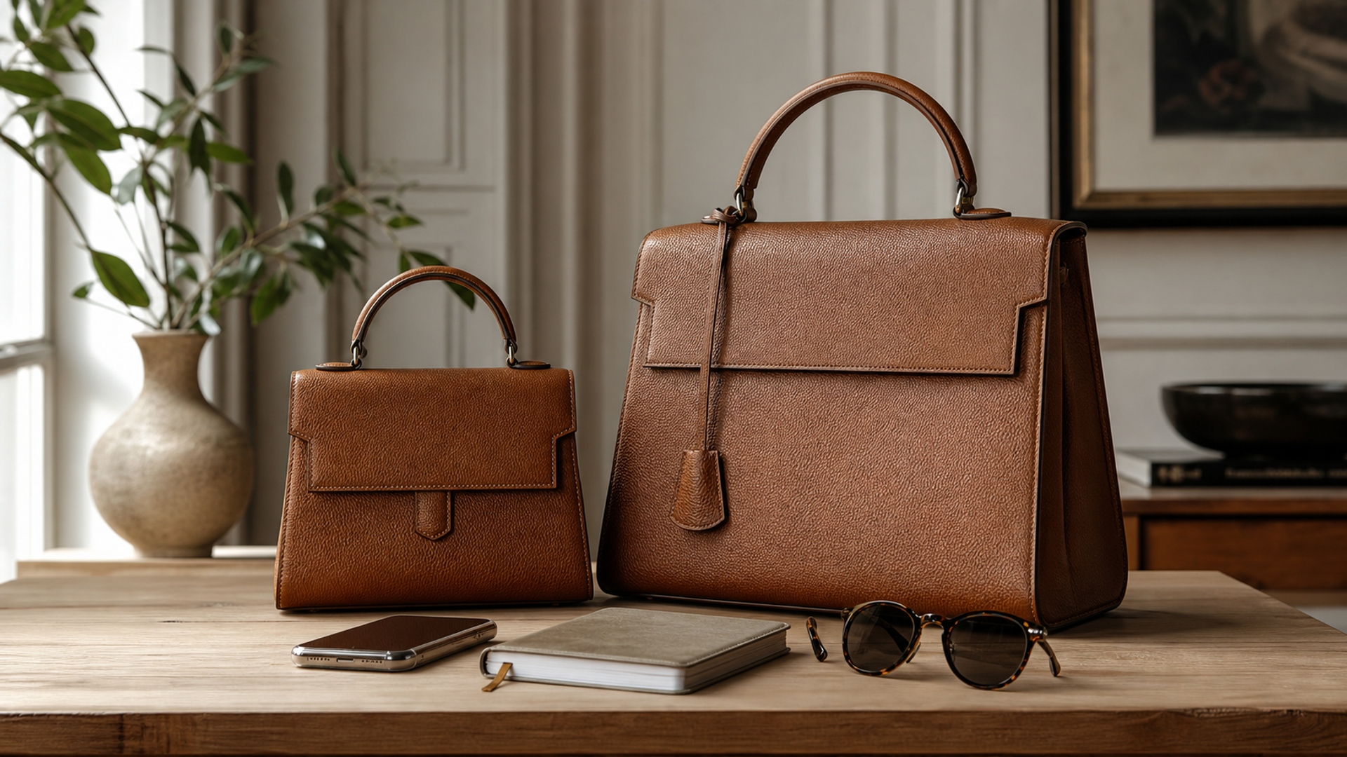 Two unbranded top-handle leather bag silhouettes in different sizes beside objects for scale