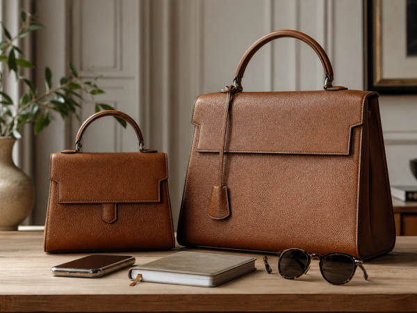 Two unbranded top-handle leather bag silhouettes in different sizes beside objects for scale