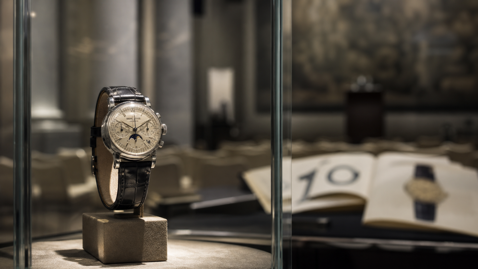 Rare mechanical watch displayed in an international auction preview room