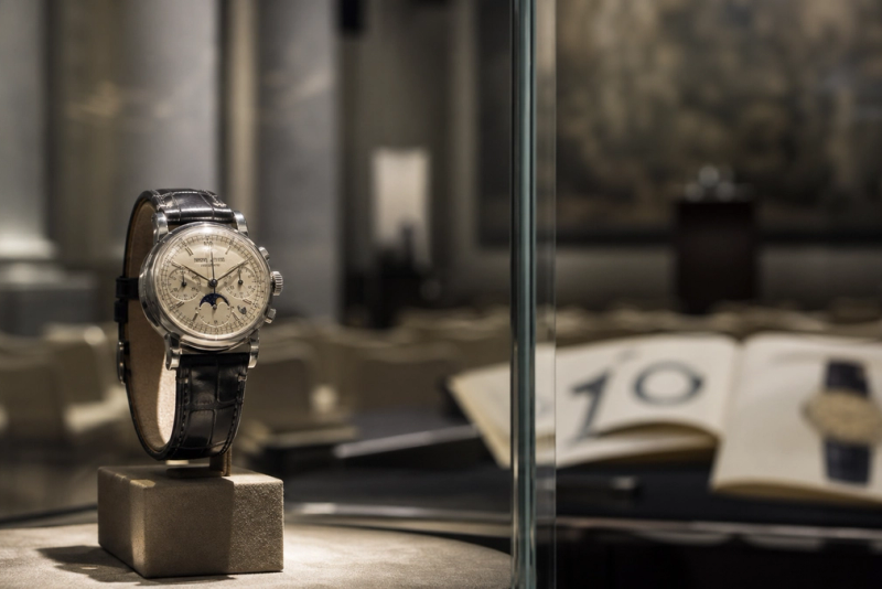 Rare mechanical watch displayed in an international auction preview room