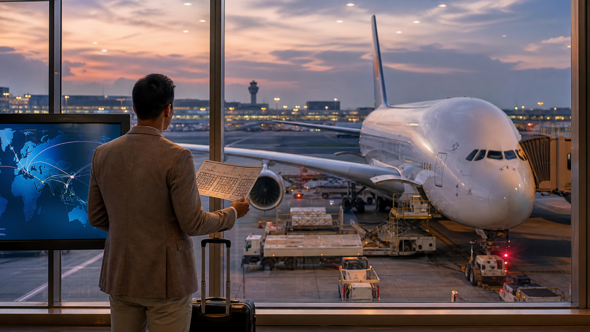 Premium traveller checking an A380 route and cabin before departure from Singapore