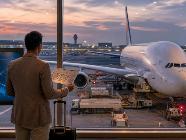 Premium traveller checking an A380 route and cabin before departure from Singapore