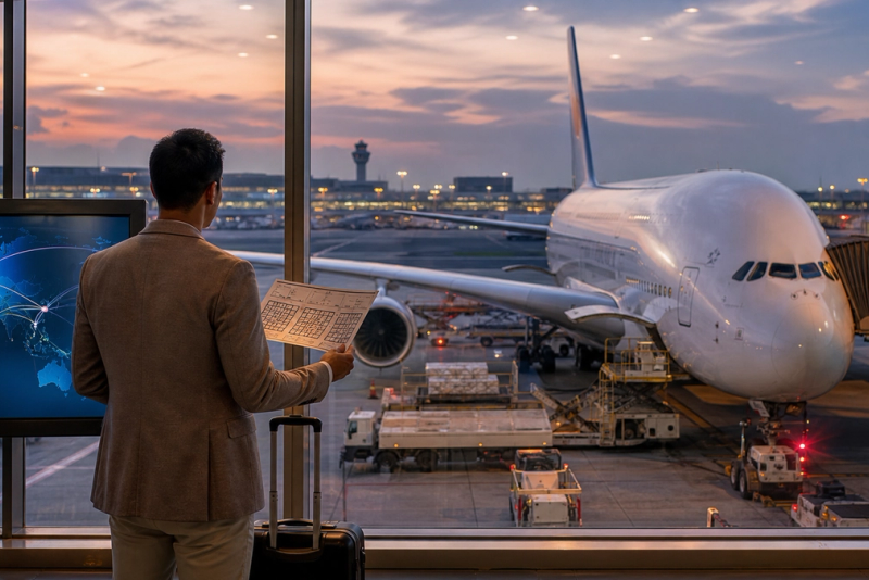 Premium traveller checking an A380 route and cabin before departure from Singapore