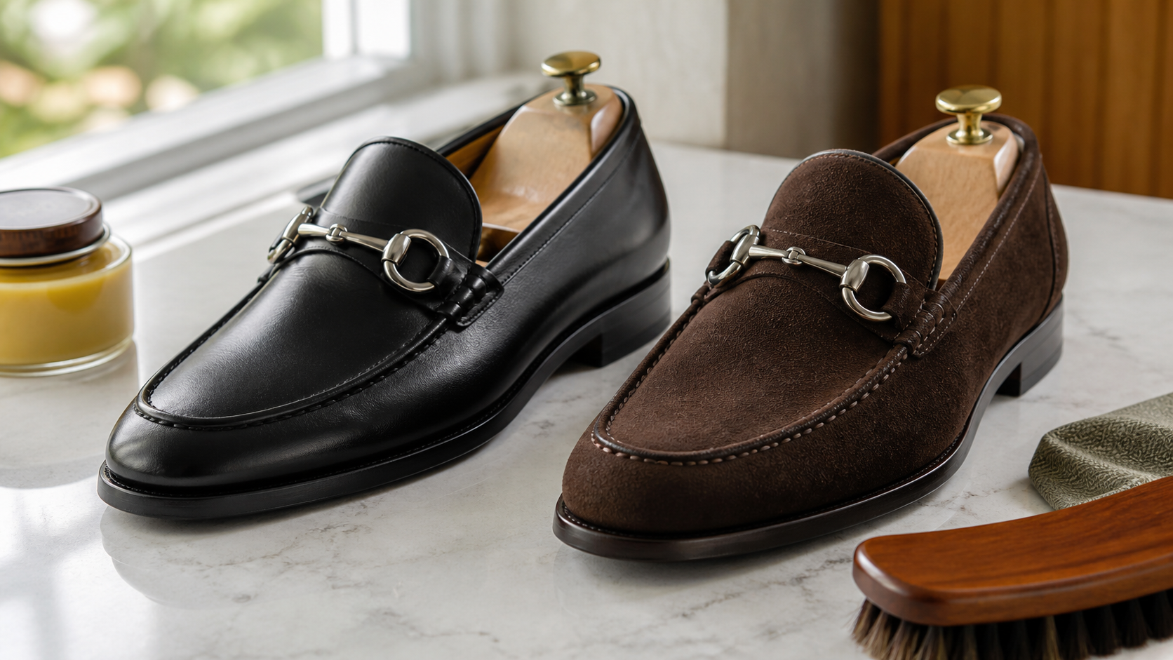 High-detail editorial still life comparing two unbranded horsebit-style loafers