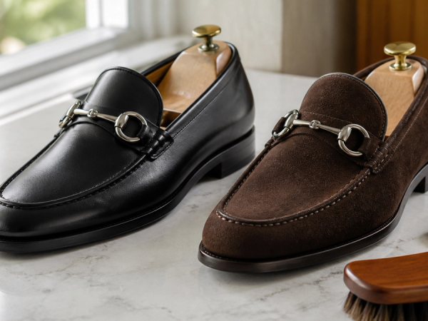High-detail editorial still life comparing two unbranded horsebit-style loafers