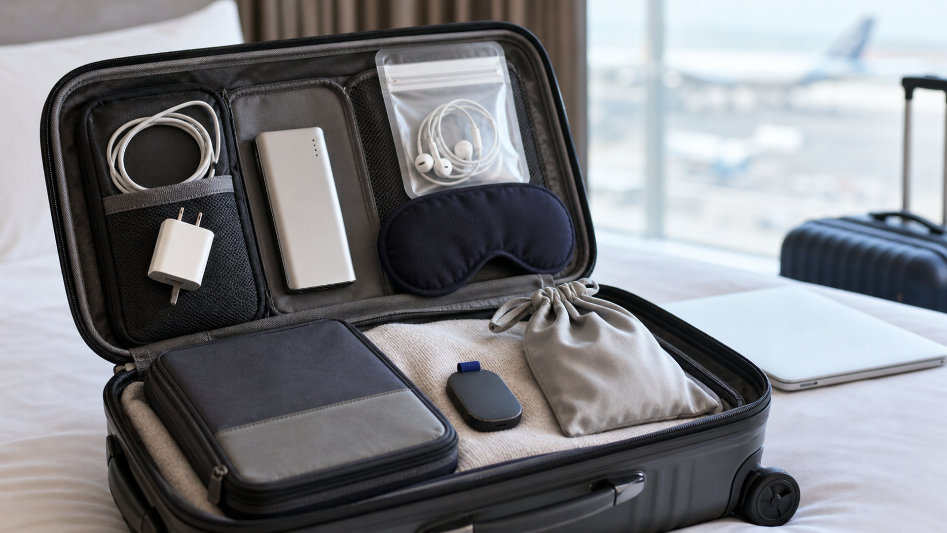 Long-haul business travel accessories arranged by power, sleep, security and disruption needs