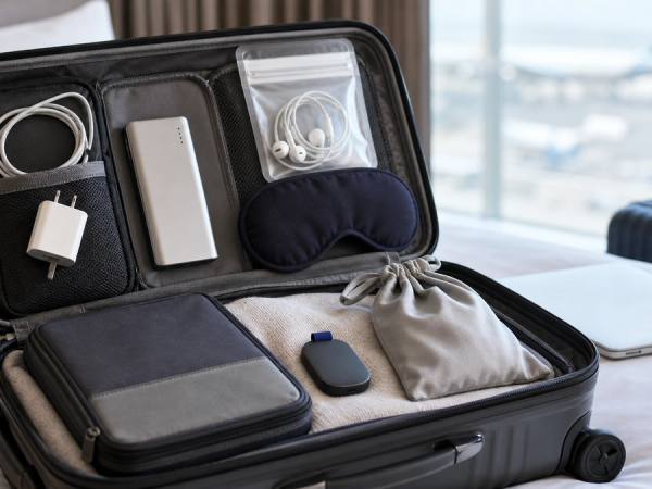 Long-haul business travel accessories arranged by power, sleep, security and disruption needs