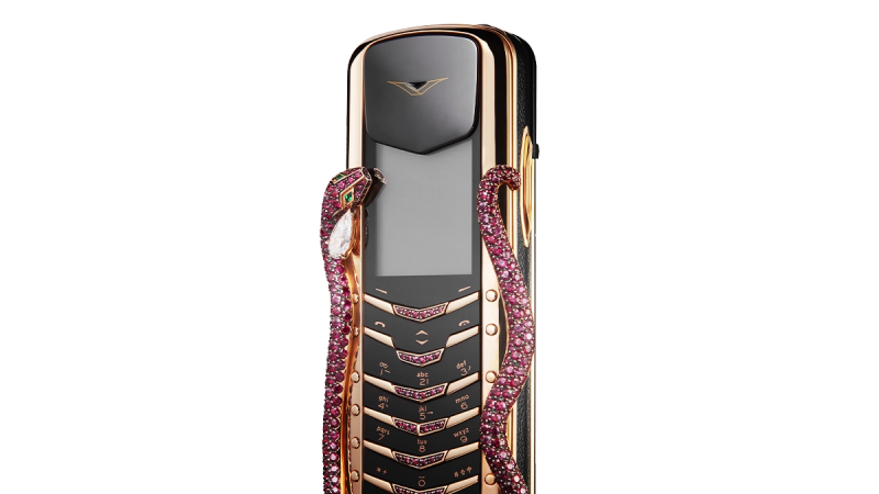 A detailed close-up of the Vertu Signature V's intricate keypad and sapphire crystal screen.