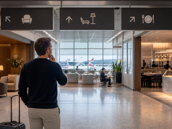 Traveller comparing airline and independent lounge options at Heathrow Terminal 5