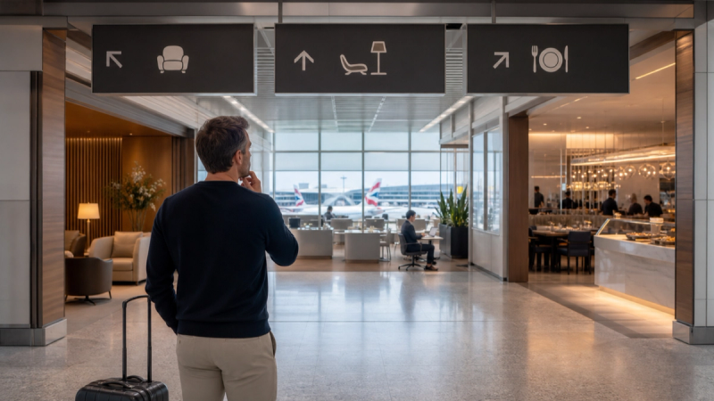 Traveller comparing airline and independent lounge options at Heathrow Terminal 5