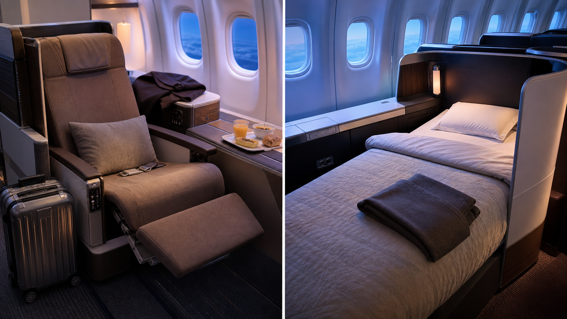 KLM-style premium recliner and fully flat business seat compared for an intercontinental journey