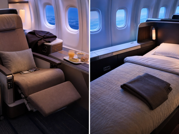 KLM-style premium recliner and fully flat business seat compared for an intercontinental journey