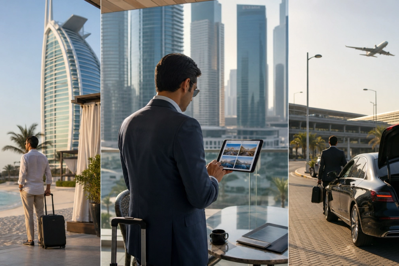 Traveller comparing Dubai luxury hotels for beach, business and stopover trips