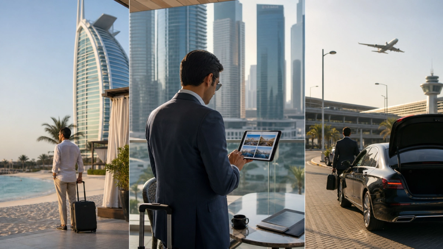 Traveller comparing Dubai luxury hotels for beach, business and stopover trips