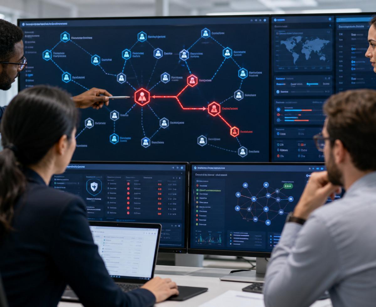 A security team reviewing an AI-agent intrusion timeline, access tokens and audit evidence