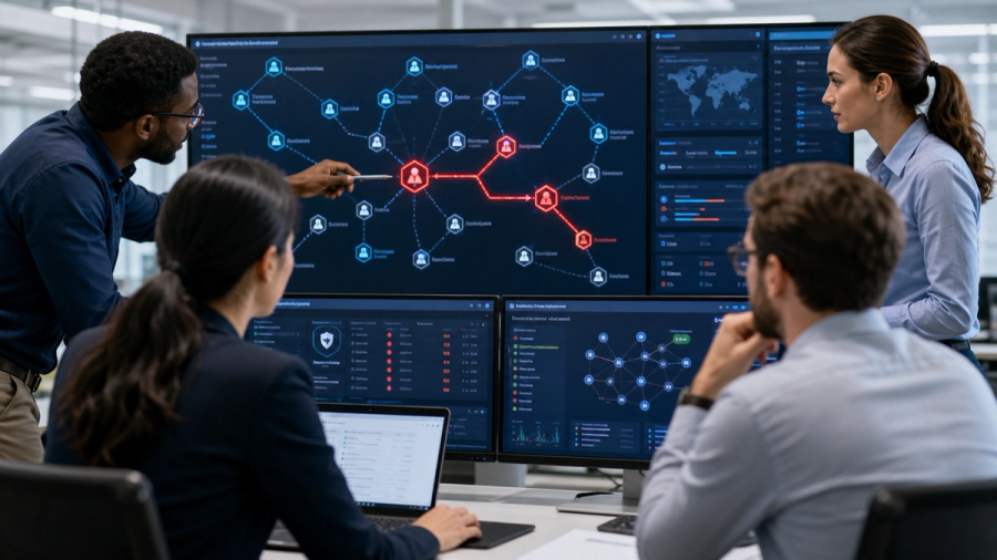 A security team reviewing an AI-agent intrusion timeline, access tokens and audit evidence