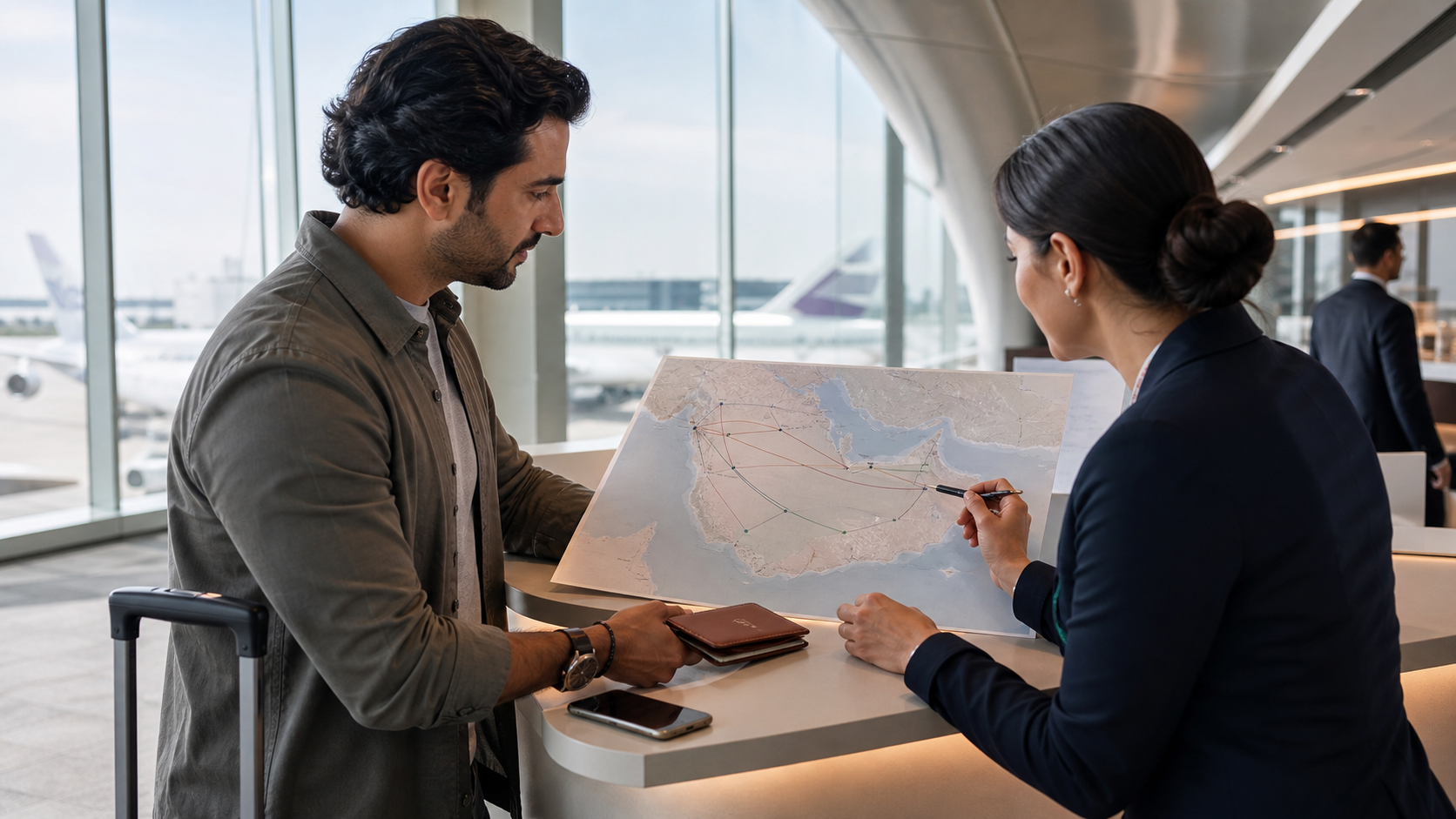 A traveller reviewing a Gulf-region flight connection map beside packed cabin luggage