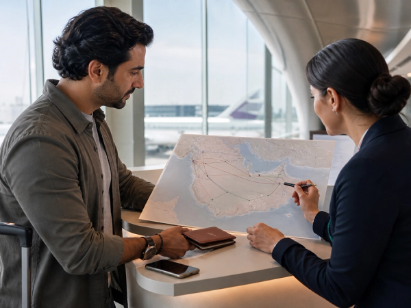 A traveller reviewing a Gulf-region flight connection map beside packed cabin luggage