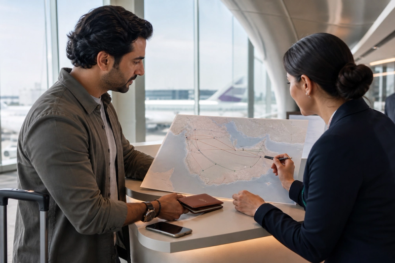 A traveller reviewing a Gulf-region flight connection map beside packed cabin luggage