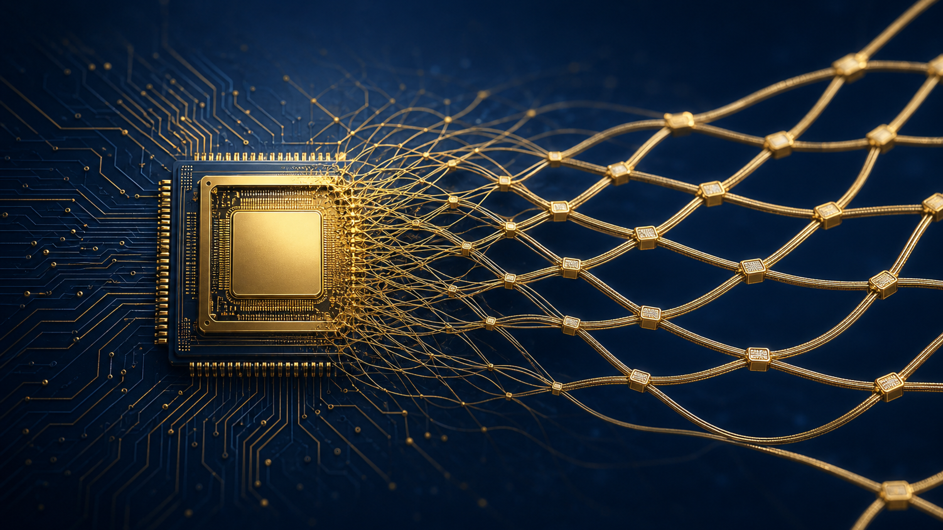 Golden CPU die morphing into woven Personal AI harness lattice on deep navy