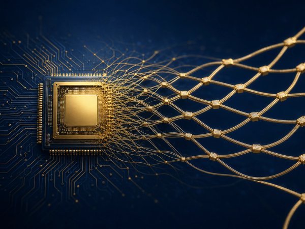Golden CPU die morphing into woven Personal AI harness lattice on deep navy