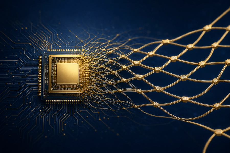 Golden CPU die morphing into woven Personal AI harness lattice on deep navy