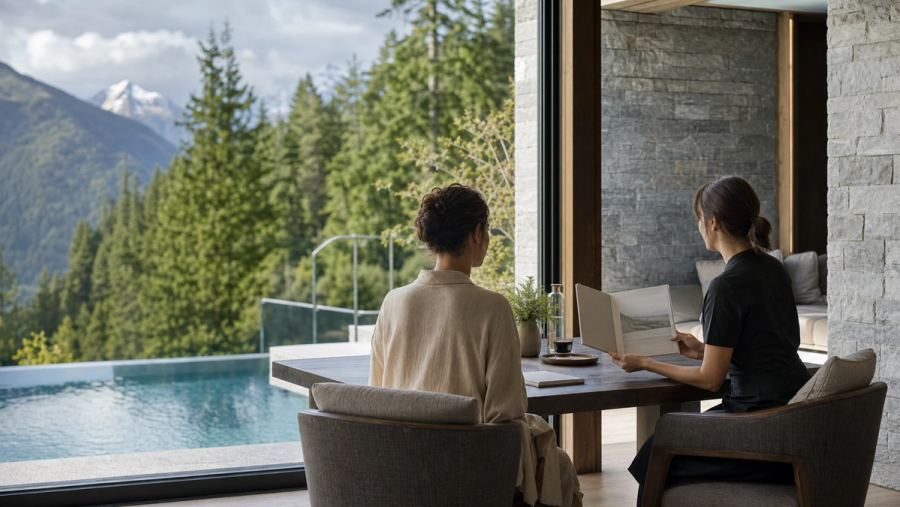 Guest reviewing a programme with a practitioner at a mountain wellness retreat