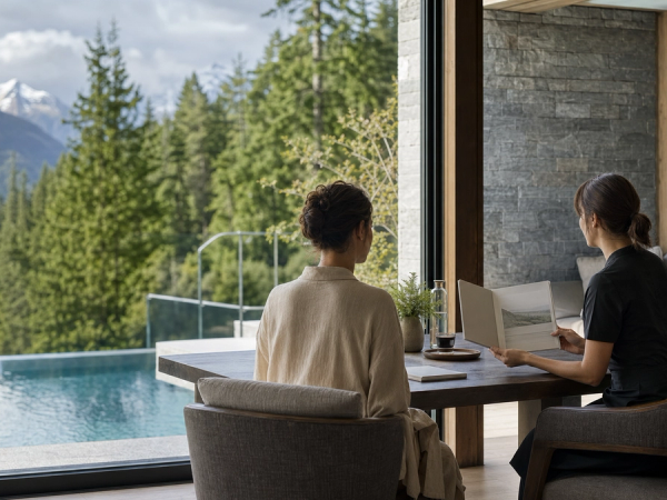 Guest reviewing a programme with a practitioner at a mountain wellness retreat