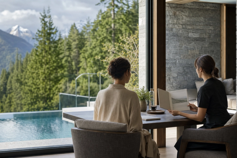 Guest reviewing a programme with a practitioner at a mountain wellness retreat