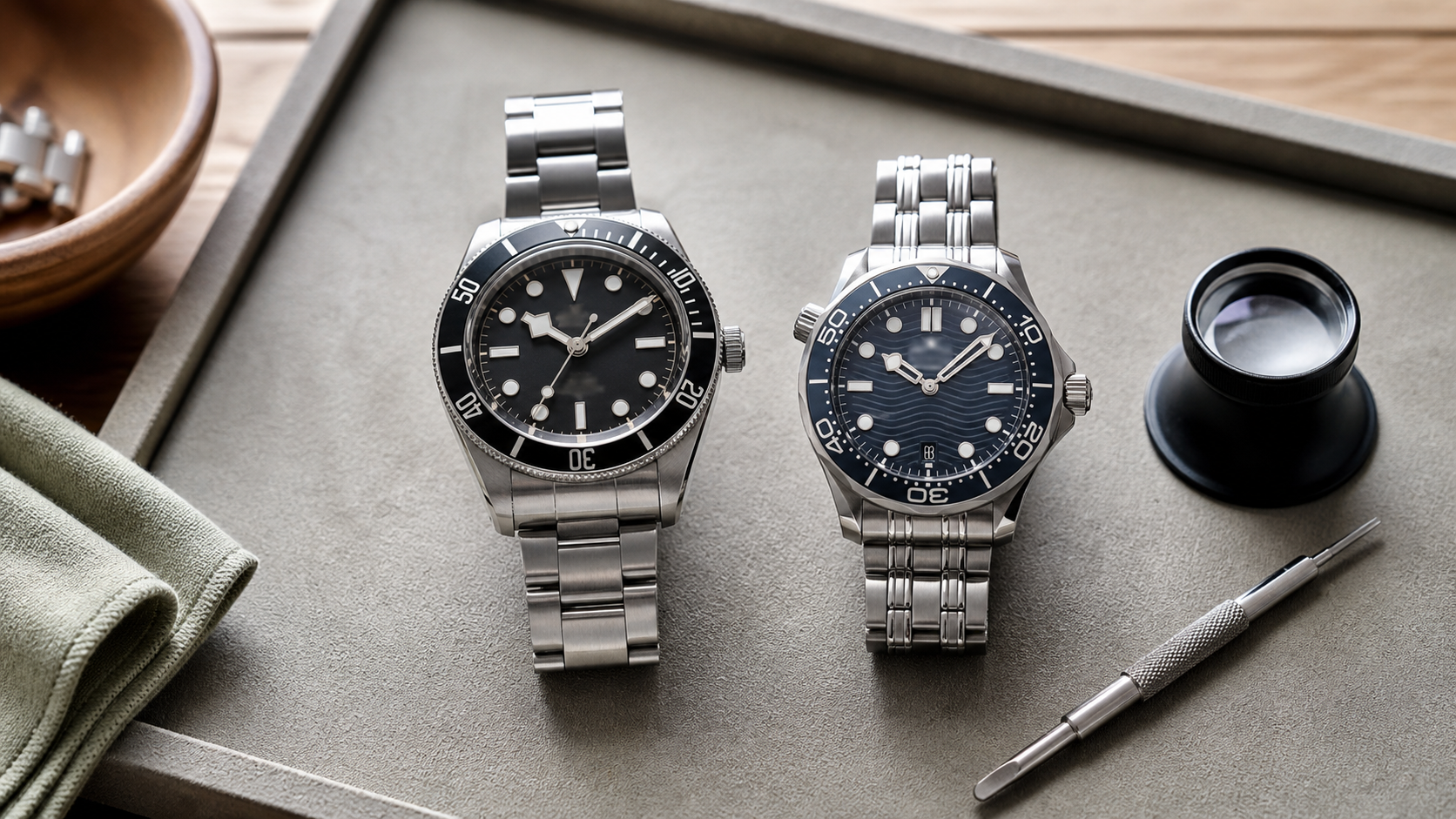 Two steel dive-watch styles compared on a collector's tray