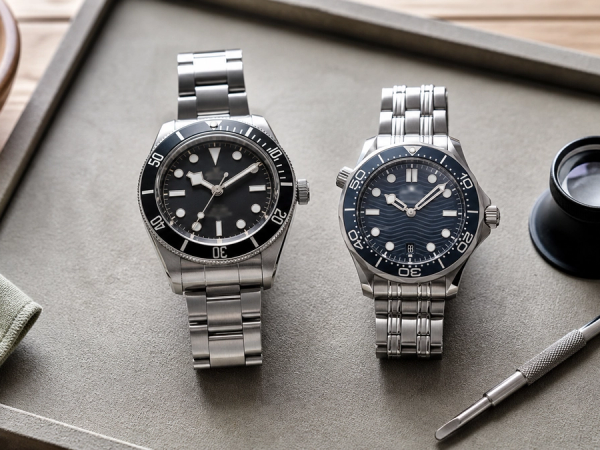 Two steel dive-watch styles compared on a collector's tray