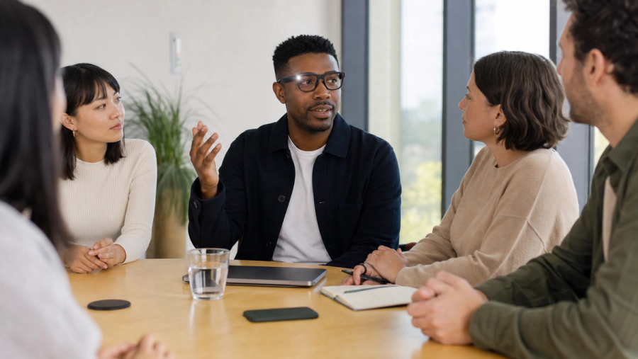 Meeting participants discussing consent around AI glasses with a capture light