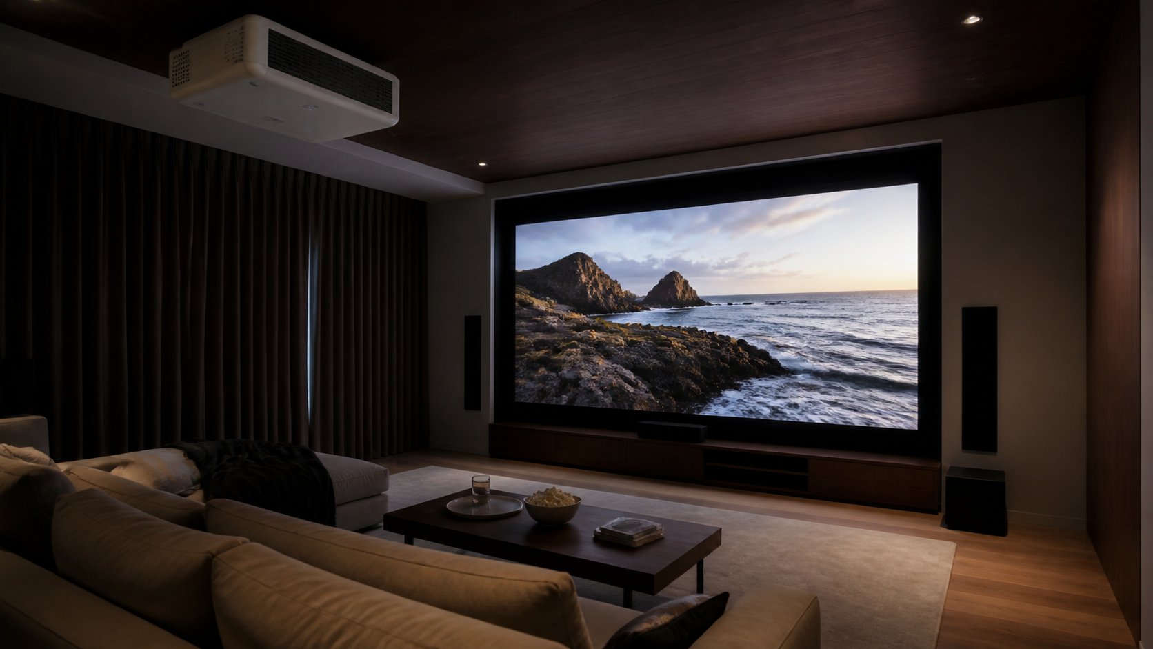 Home projector installed in a refined private cinema room